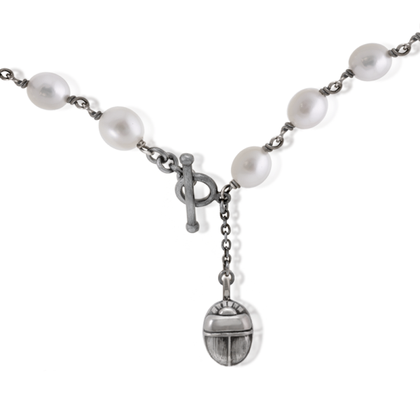 white pearl choker necklace close up of scarab fob detail by Scarab Jewellery Studio