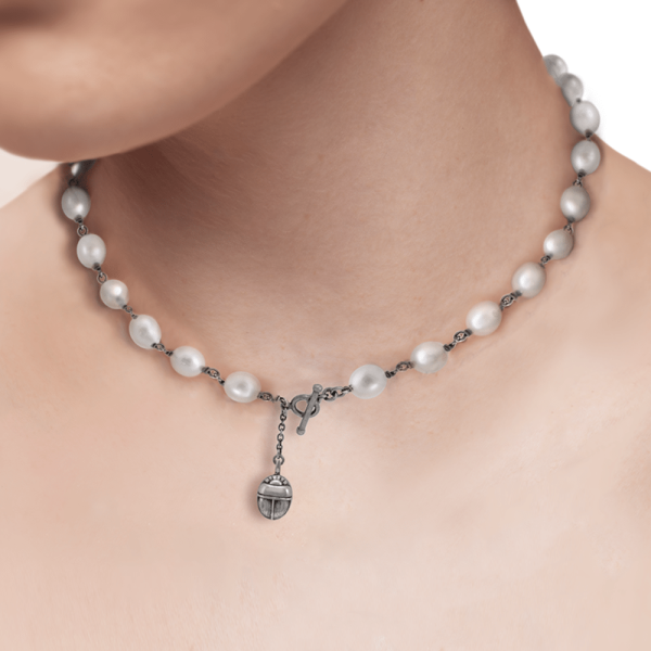 white pearl choker necklace on Model by Scarab Jewellery Studio