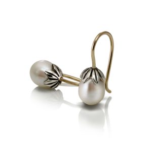 Silver Gold Teardrop Pearl Earrings by Scarab Jewellery Studio