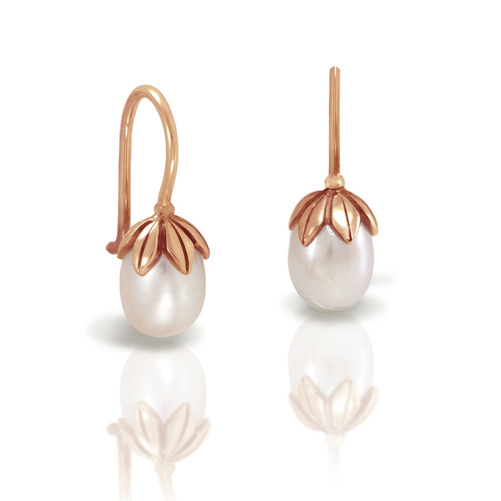 Small Chinese Red Gold Teardrop Pearl Earrings with solid red gold leaf design by Scarab Jewellery Studio