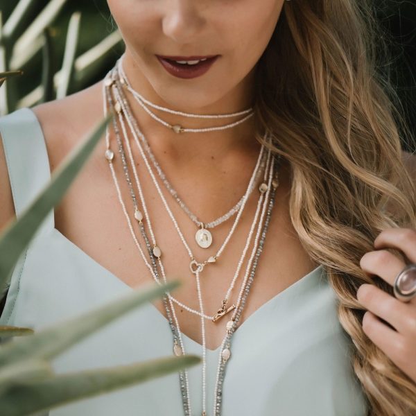 rose gold scarab labradorite faceted bead necklace with seed pearl wrap necklace by Scarab Jewellery Studio