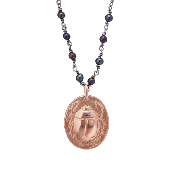 Black Pearl Red Gold Rune Scarab Pendant by Scarab Jewellery Studio
