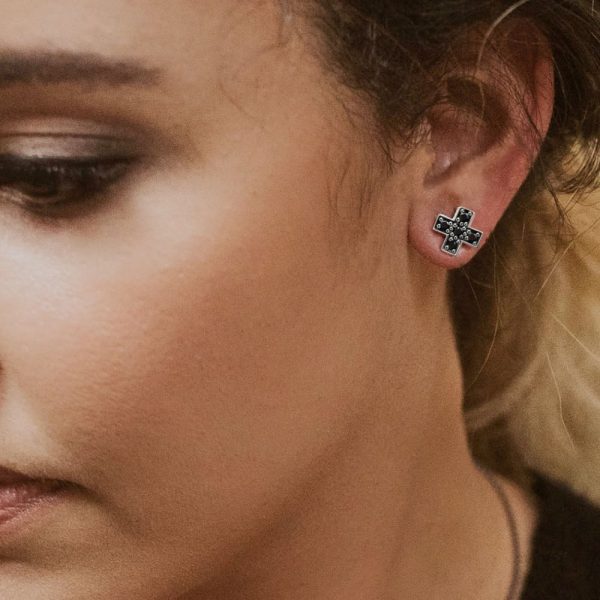 Silver Swiss Cross Black Diamond Earrings by Scarab Jewellery Studio