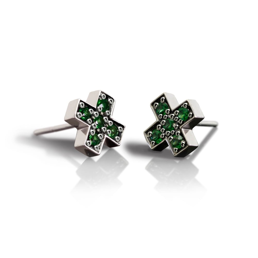 Silver Swiss Cross Green Tsavorite Earrings by Scarab Jewellery Studio