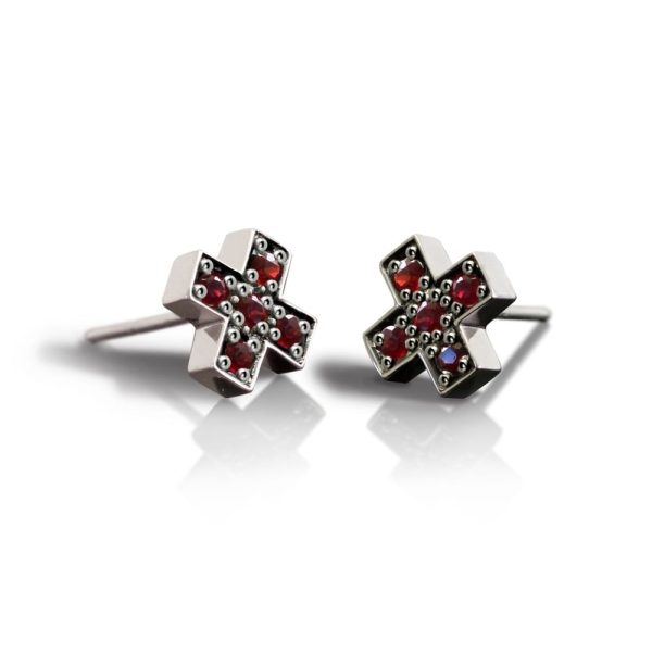 Silver Swiss Cross Red Sapphire Earrings by Scarab Jewellery Studio