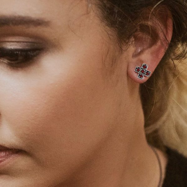 Silver Swiss Cross Red Sapphire Earrings by Scarab Jewellery Studio