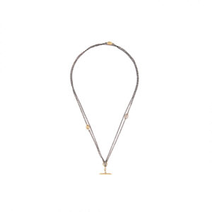 Double blackened silver and gold chain with rainbow moonstone and scarab charms