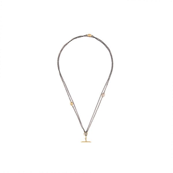 Double blackened silver and gold chain with rainbow moonstone and scarab charms