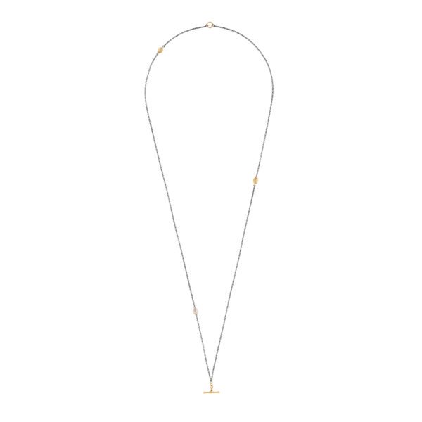 Double blackened silver and gold chain with rainbow moonstone and scarab charms - Image 2