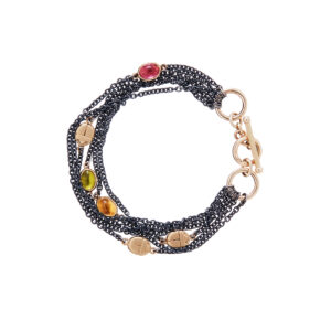 Gold and blackened silver multi coloured gem bracelet