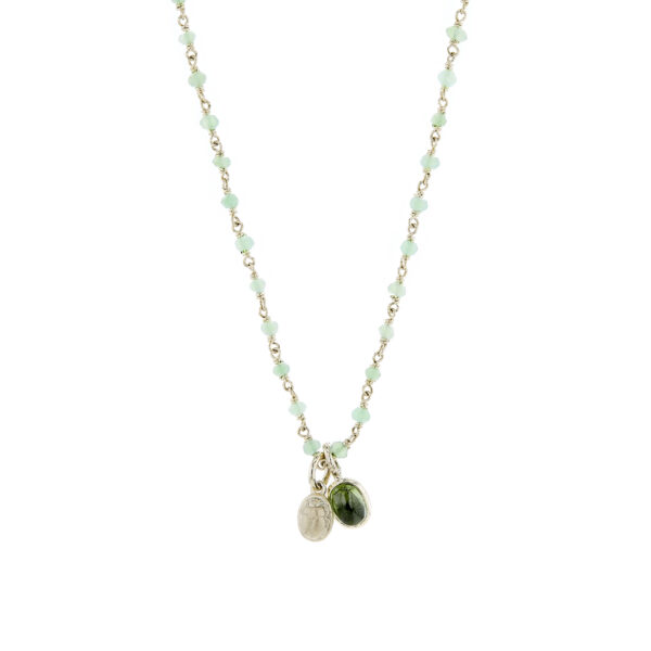 Yellow gold chrysoprase wirework necklace with green tourmaline scarab trinket