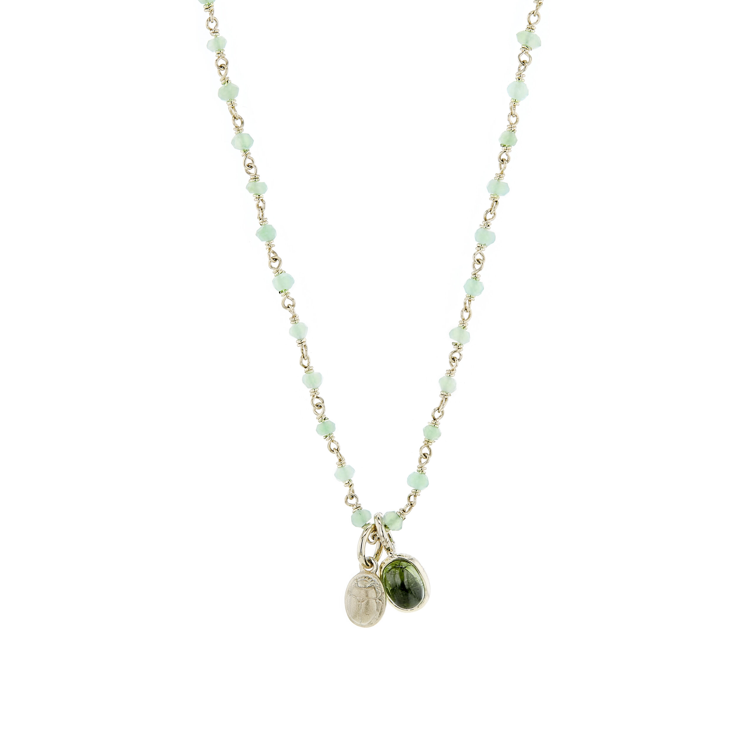 Yellow gold chrysoprase wirework necklace with green tourmaline scarab trinket