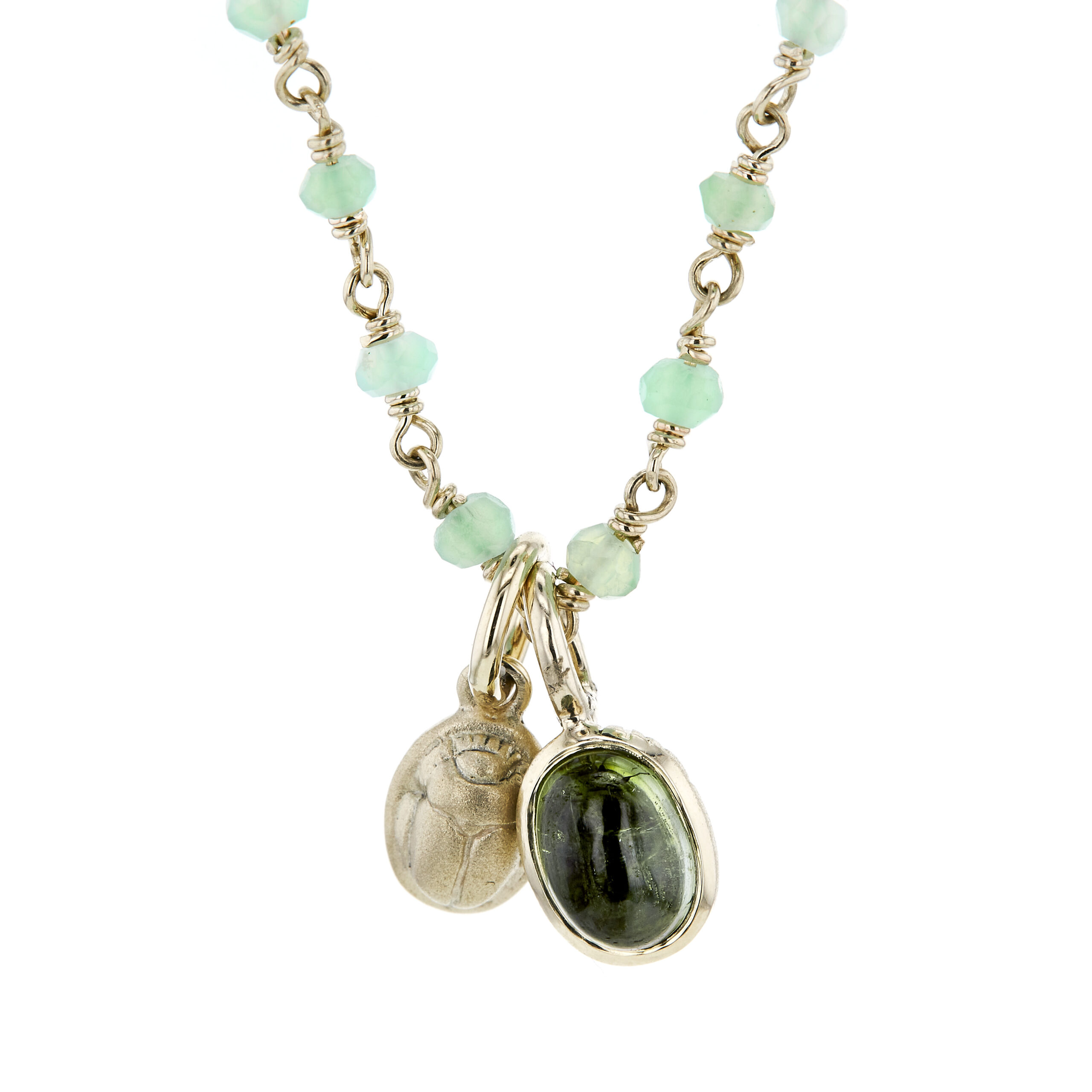 Yellow gold chrysoprase wirework necklace with green tourmaline scarab trinket - Image 2