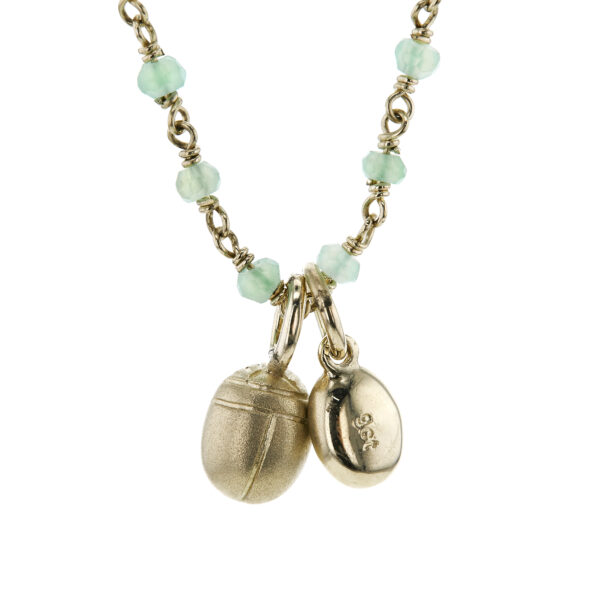 Yellow gold chrysoprase wirework necklace with green tourmaline scarab trinket - Image 3