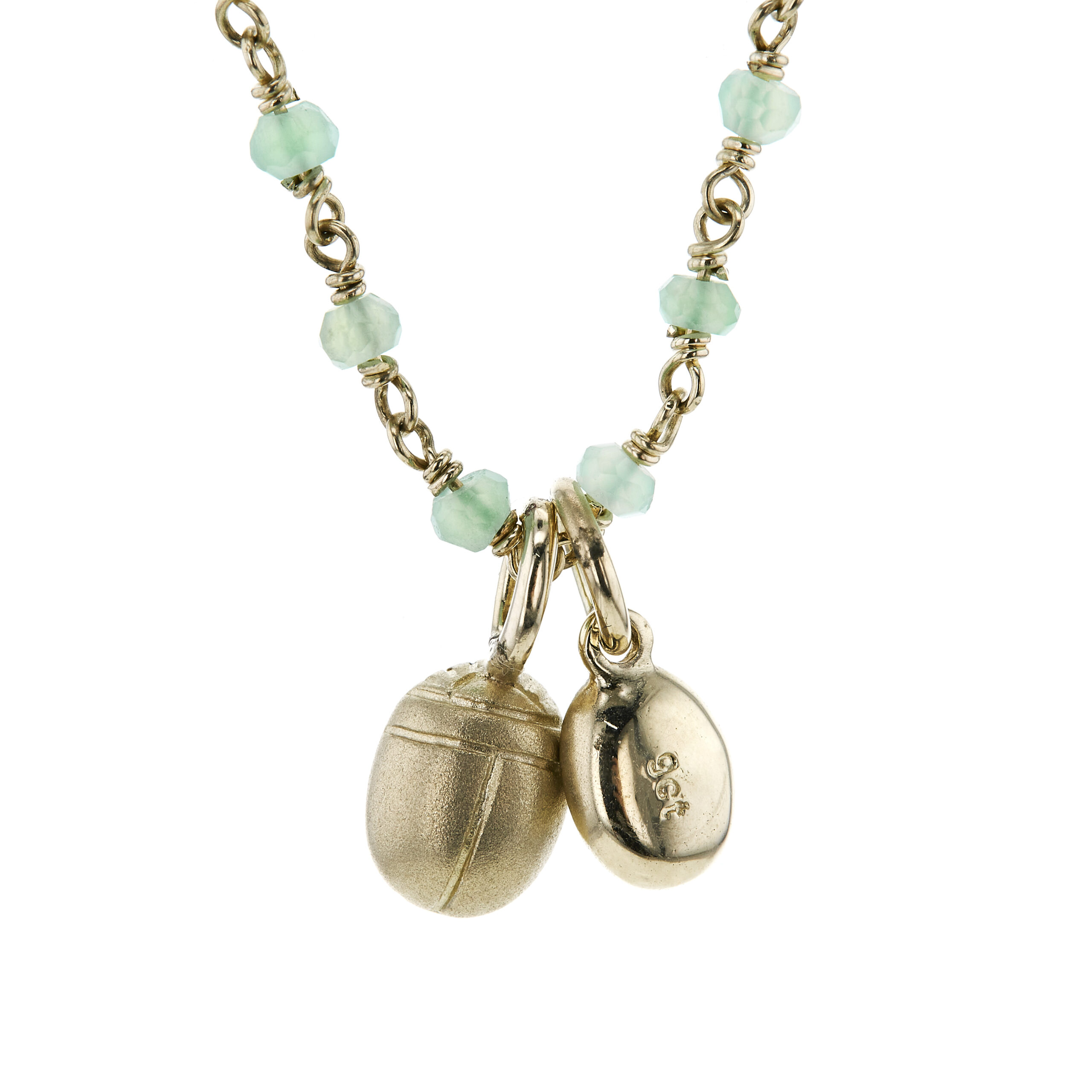 Yellow gold chrysoprase wirework necklace with green tourmaline scarab trinket - Image 3