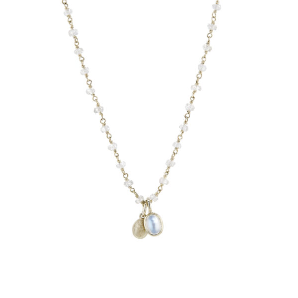 Yellow gold Zircon wirework necklace with Rainbow Moonstone scarab trinket