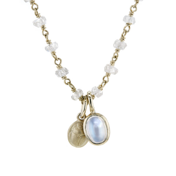 Yellow gold Zircon wirework necklace with Rainbow Moonstone scarab trinket - Image 2