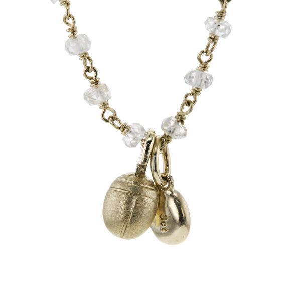Yellow gold Zircon wirework necklace with Rainbow Moonstone scarab trinket - Image 3