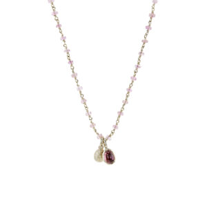 Yellow gold pink tourmaline wirework necklace with pink tourmaline trinket
