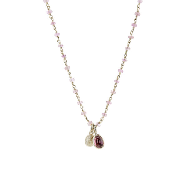 Yellow gold pink tourmaline wirework necklace with pink tourmaline trinket