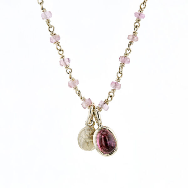 Yellow gold pink tourmaline wirework necklace with pink tourmaline trinket - Image 2