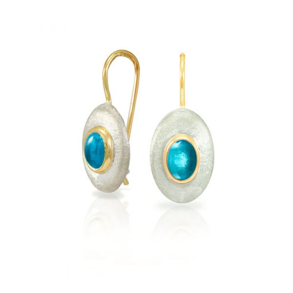 Surfboard earrings Swiss Blue Topaz in matte silver and yellow gold by Scarab Jewellery Studio