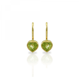 A Pair of Peridot Heart Earrings set in Gold by Scarab Jewellery Studio