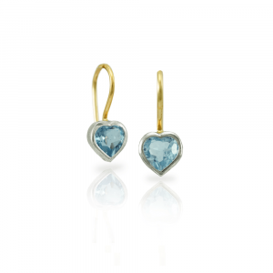 Pair of Swiss Blue Topaz heart earrings in silver and gold by Scarab Jewellery Studio