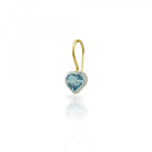 3 quarter view of Swiss Blue Topaz heart earring in silver and gold by Scarab Jewellery Studio