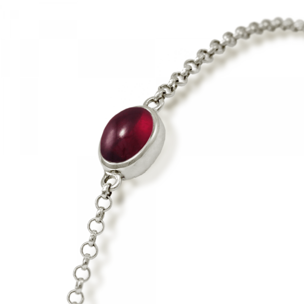 Close up of Silver Garnet Bracelet with scarab backed garnet by Scarab Jewellery Studio