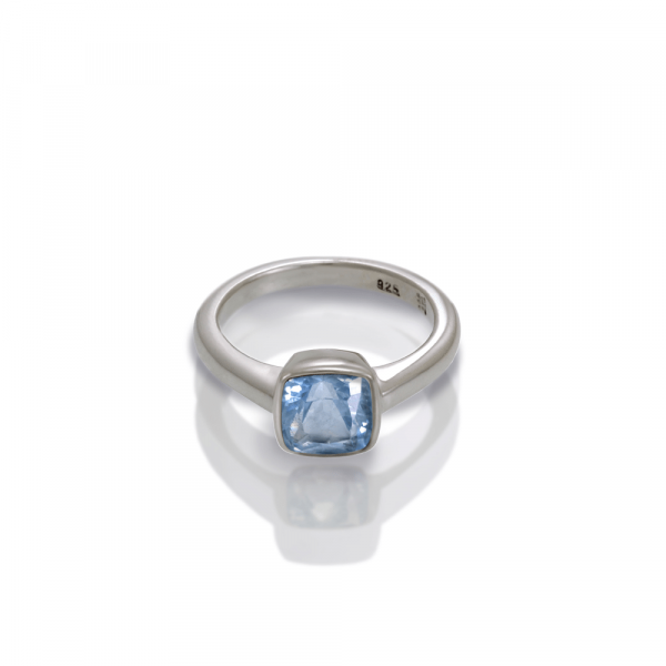 925 silver Blue Topaz ring cushion cut by Scarab Jewellery Studio