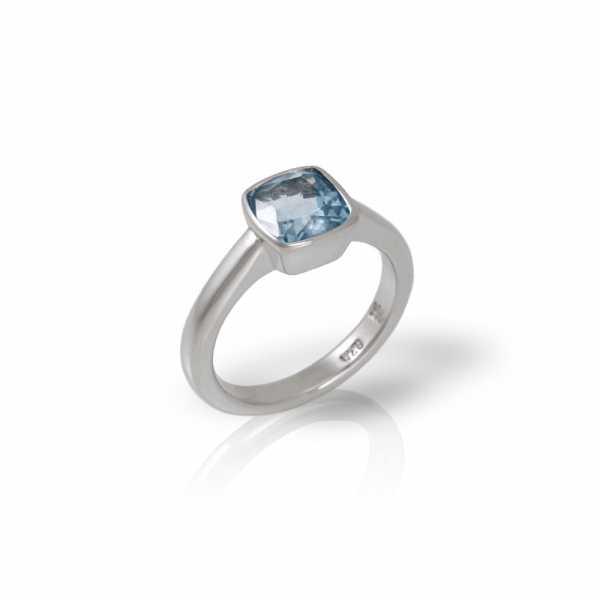 925 silver Blue Topaz ring cushion cut by Scarab Jewellery Studio