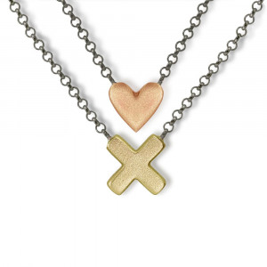 Yellow Gold Cross Necklace and Red Gold Heart Necklace with blackened silver integrated chain by Scarab Jewellery Studio - Jewellery South Africa