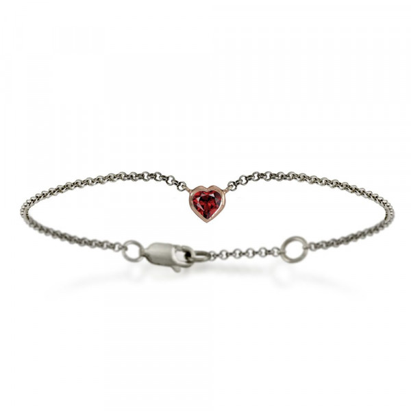 Silver 9ct red gold dainty garnet heart bracelet by Scarab Jewellery Studio