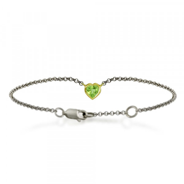 Silver 9ct yellow gold dainty peridot heart bracelet by Scarab Jewellery Studio