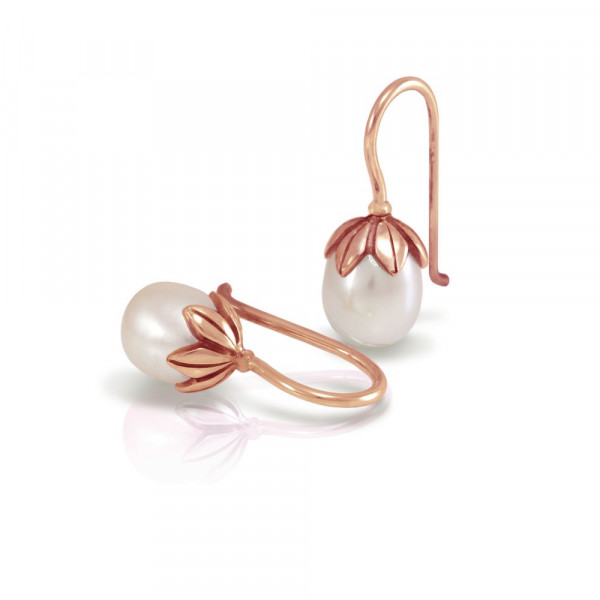 Red Gold Pearl Drop Earrings with Red Gold Cap Leaf Design by Scarab Jewellery Studio