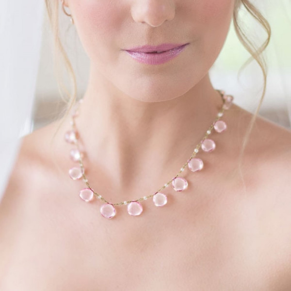 Rose Quartz Briolette Seed Pearl Necklace on Model by Scarab Jewellery Studio