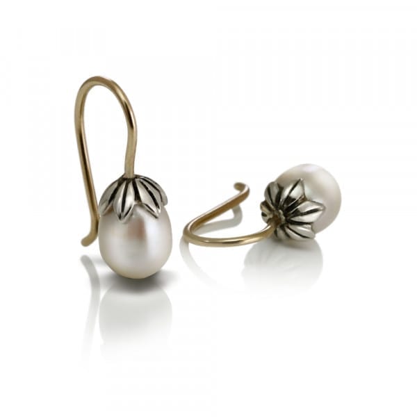 Two-tone Silver Gold Pearl Drop Earrings by Scarab Jewellery Studio