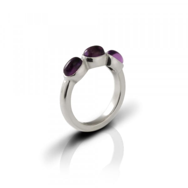 Silver Ring Three Amethyst Oval Cabouchons by Scarab Jewellery Studio - February Birthstone Jewellery